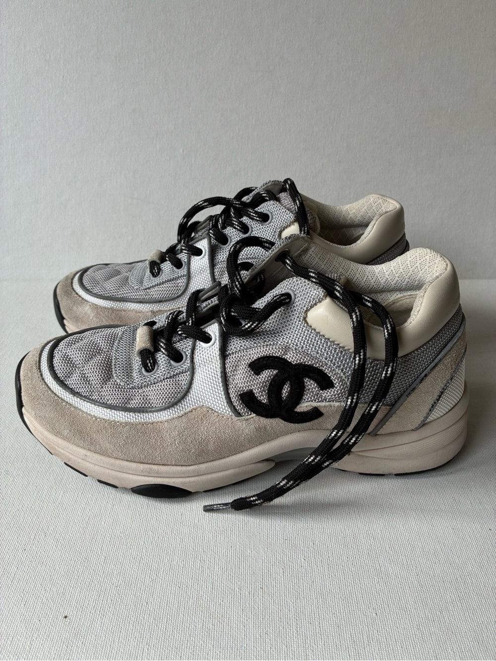 CHANEL Beige, White & Black Suede Mesh CC Logo Sneakers size 37